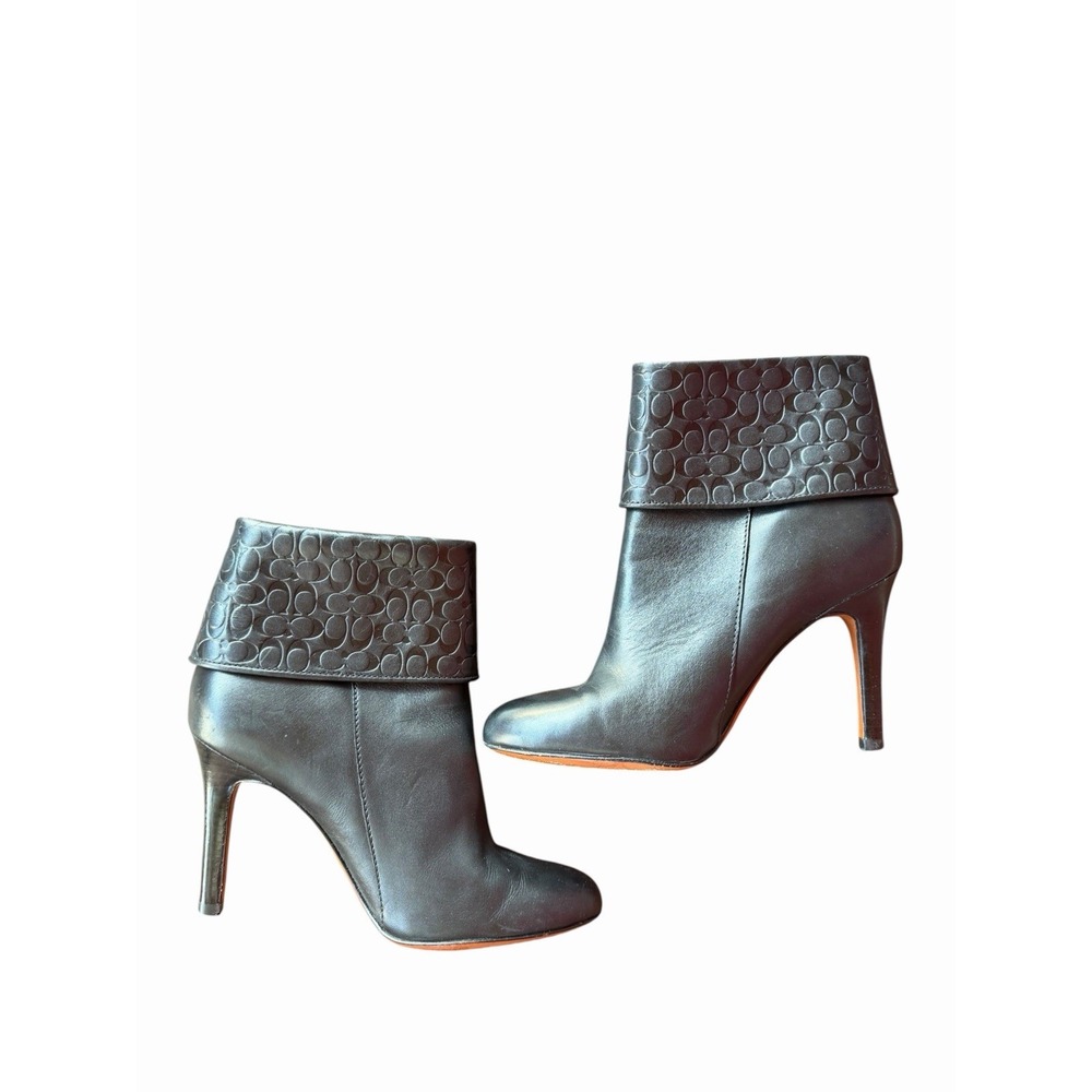Coach Size 8 Mackenna High Heel Booties Boots Embossed Cuff Leather Black Shoes